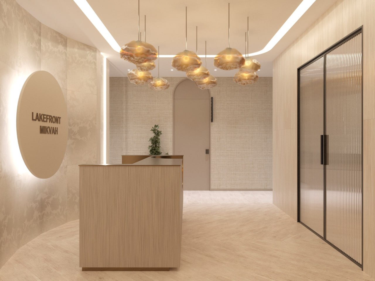 Second view of the reception area with soft seating and lighting