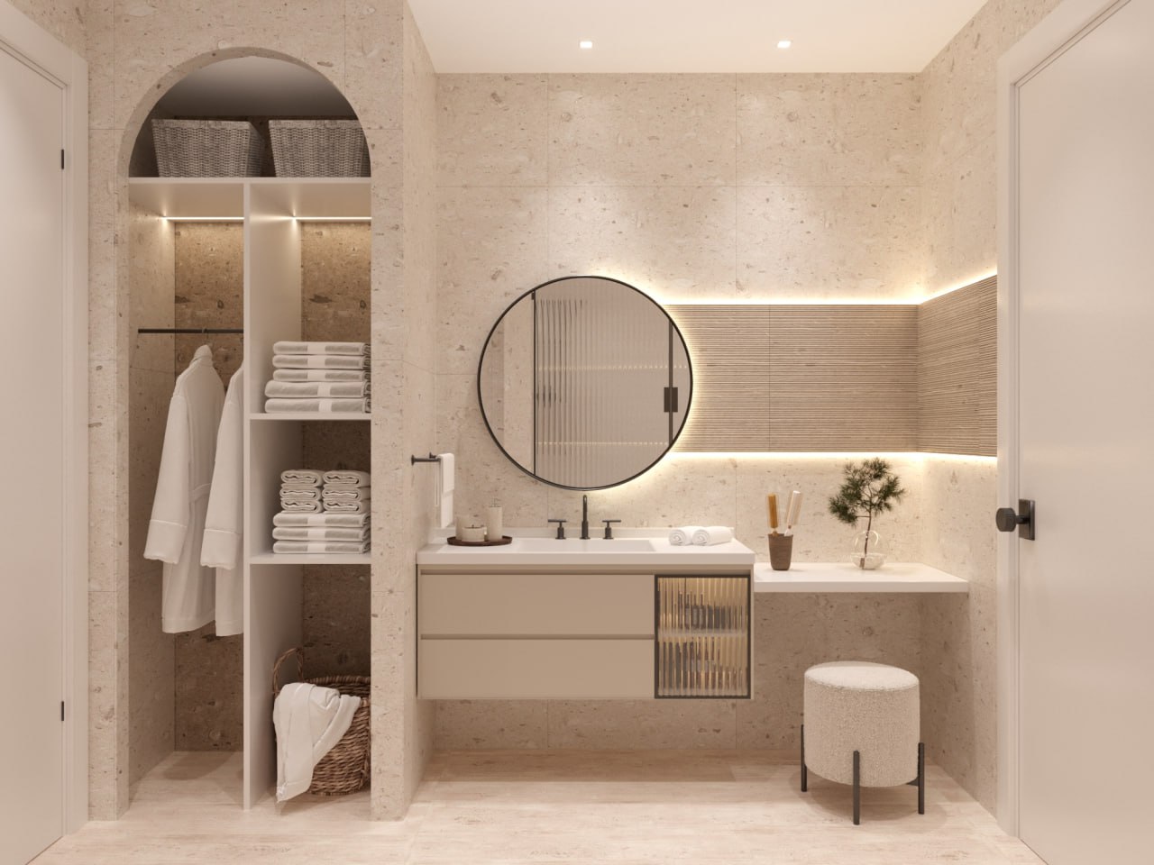 Private preparation suite with vanity, shower, and cream stone finishes